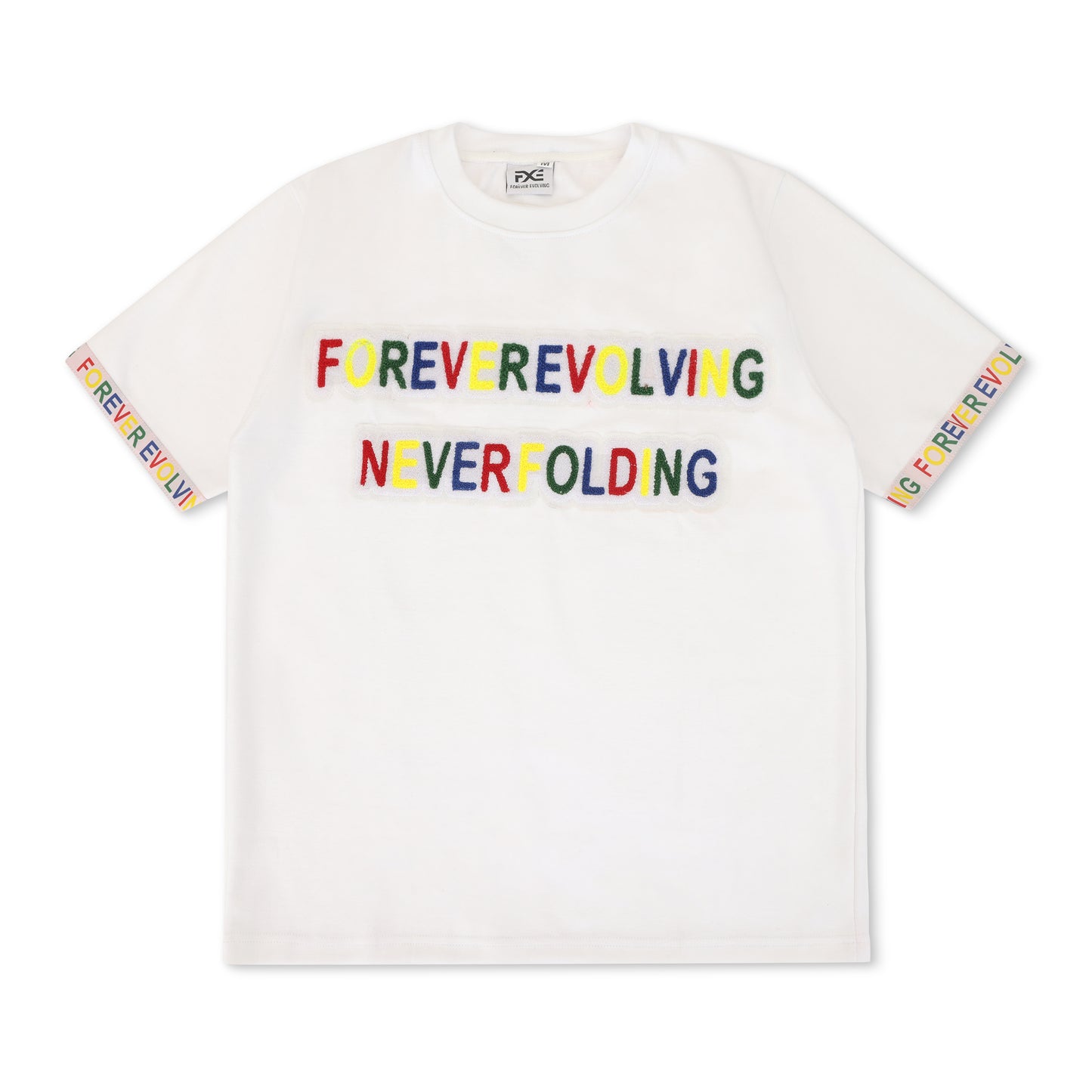 White Chenille Embrodiered Forever Evolving Never Folding Tee