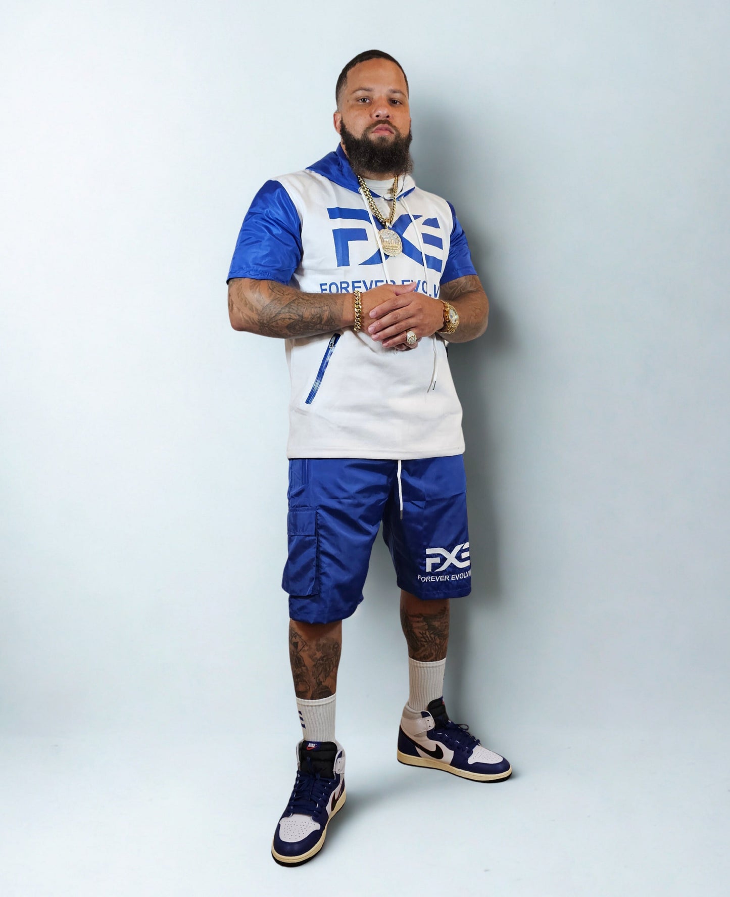 White and Blue Hooded Short Set