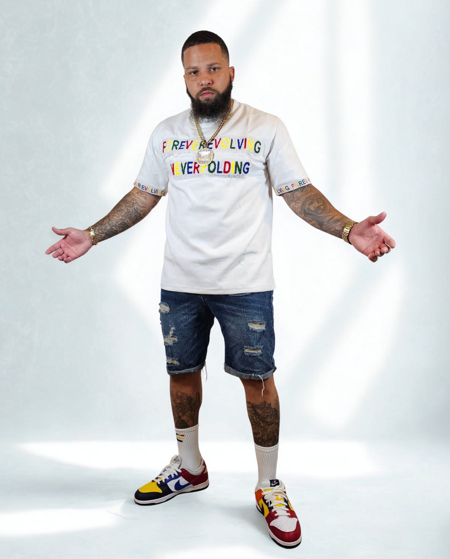 White Chenille Embrodiered Forever Evolving Never Folding Tee