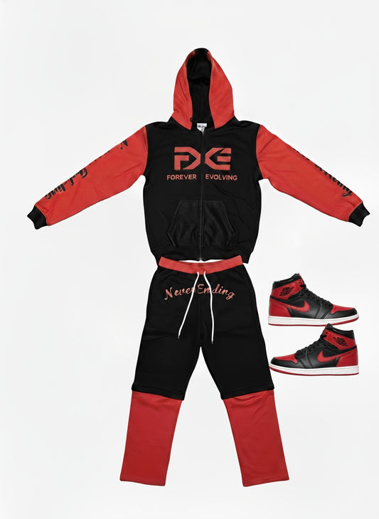 Black and Red Detachable Sweatsuit with Built in Ski Mask