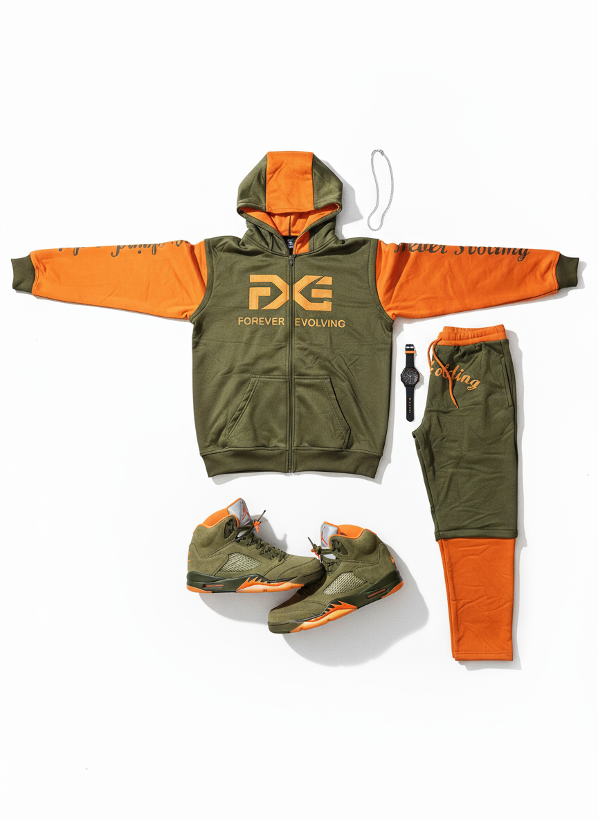 Olive Green and Orange Detachable Sweatsuit with Built in Ski Mask