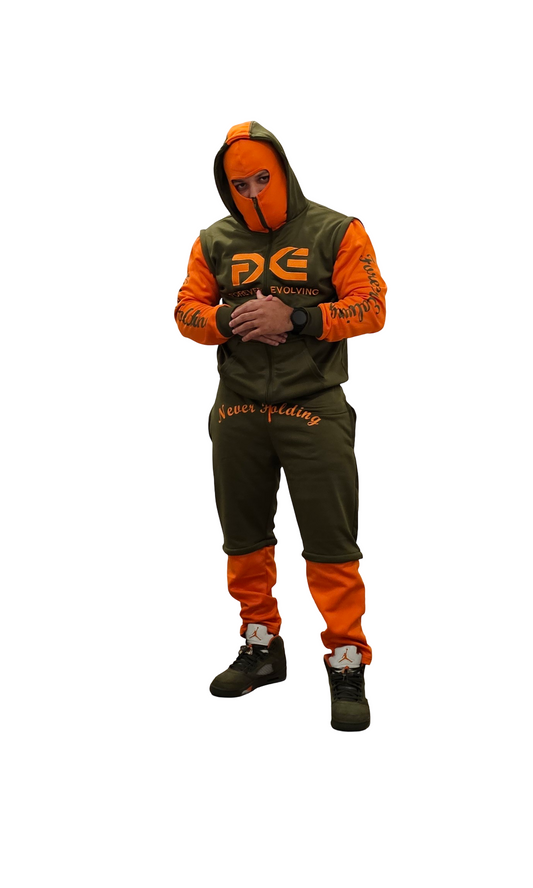 Olive Green and Orange Detachable Sweatsuit with Built in Ski Mask