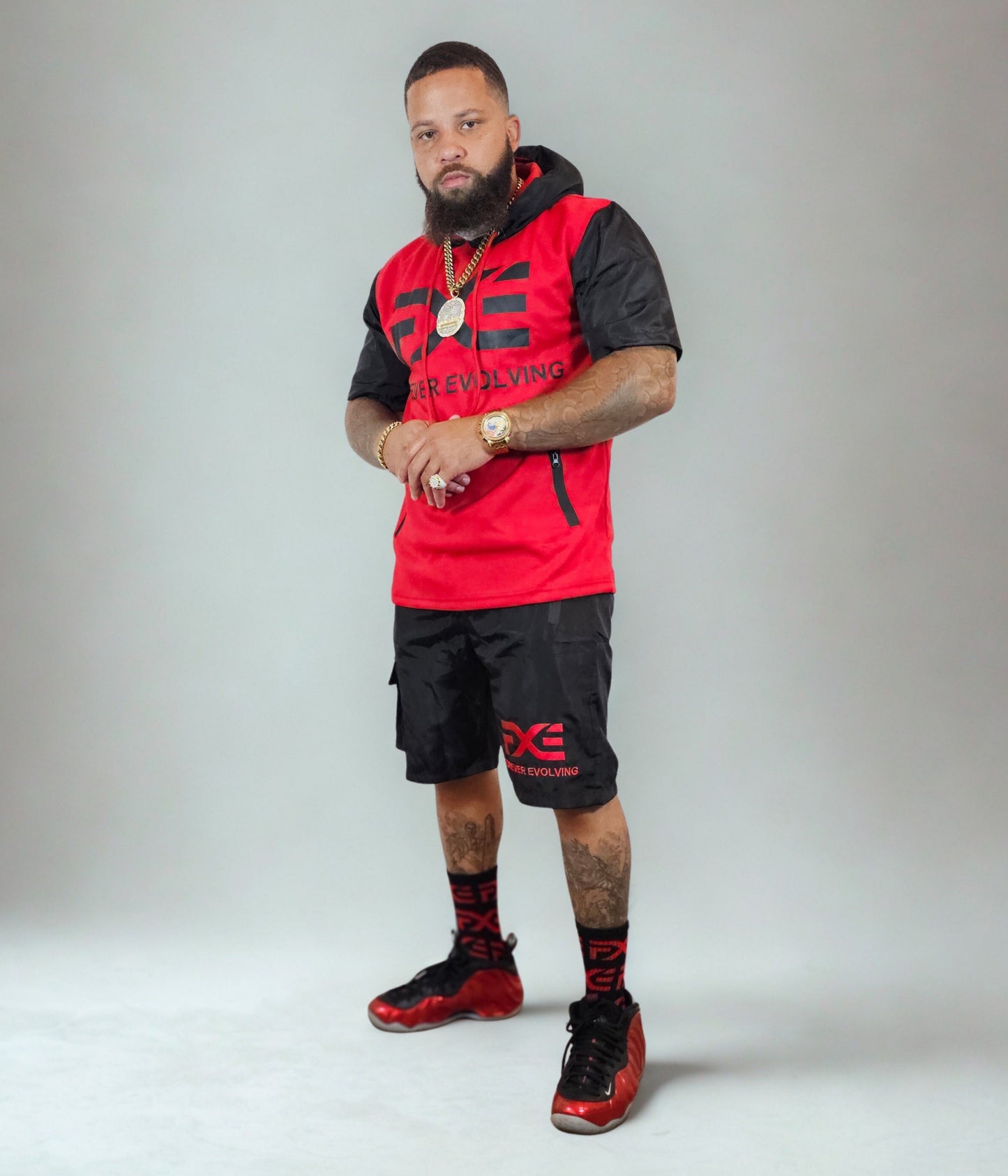 Red and Black Hooded Short Set