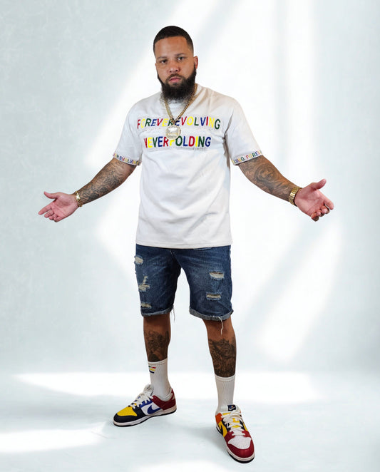 White Chenille Embrodiered Forever Evolving Never Folding Tee